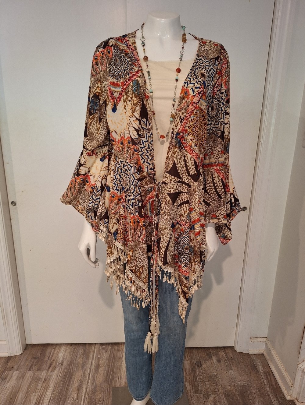 UMGEE beachy, flowy, floral tribal print, lace-trimmed kimono top